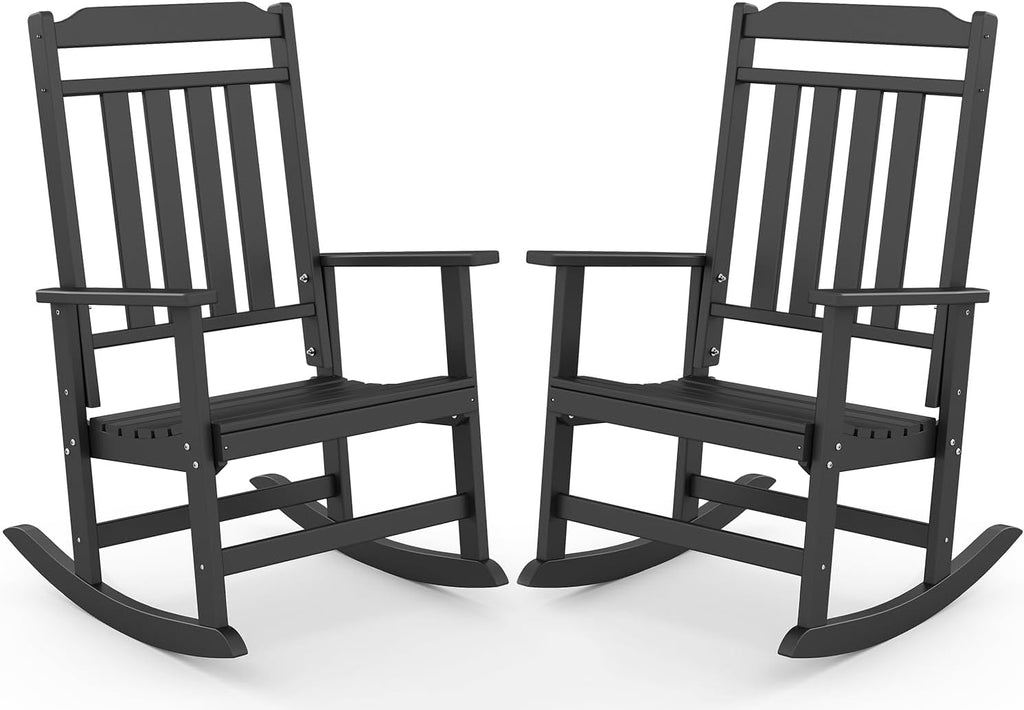 GREENVINES Classic Outdoor-Rocking-Chairs-Set-of-2, HDPE Rocker, Black | 30.3" High Back | All Weather Porch Chairs Plastic | Heavy Duty | 20.5" Wide Seat | Big & Tall | for Patio Balcony Deck