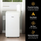 whirlpool 14,000 btu portable air conditioner with heater showing dimensions