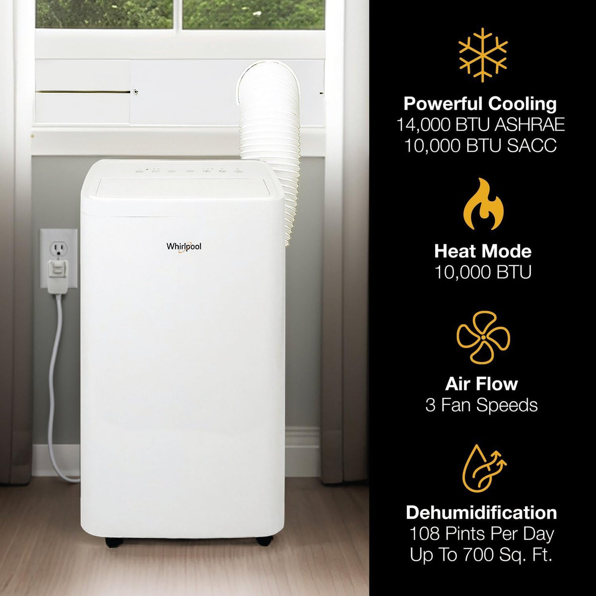 whirlpool 14,000 btu portable air conditioner with heater showing dimensions