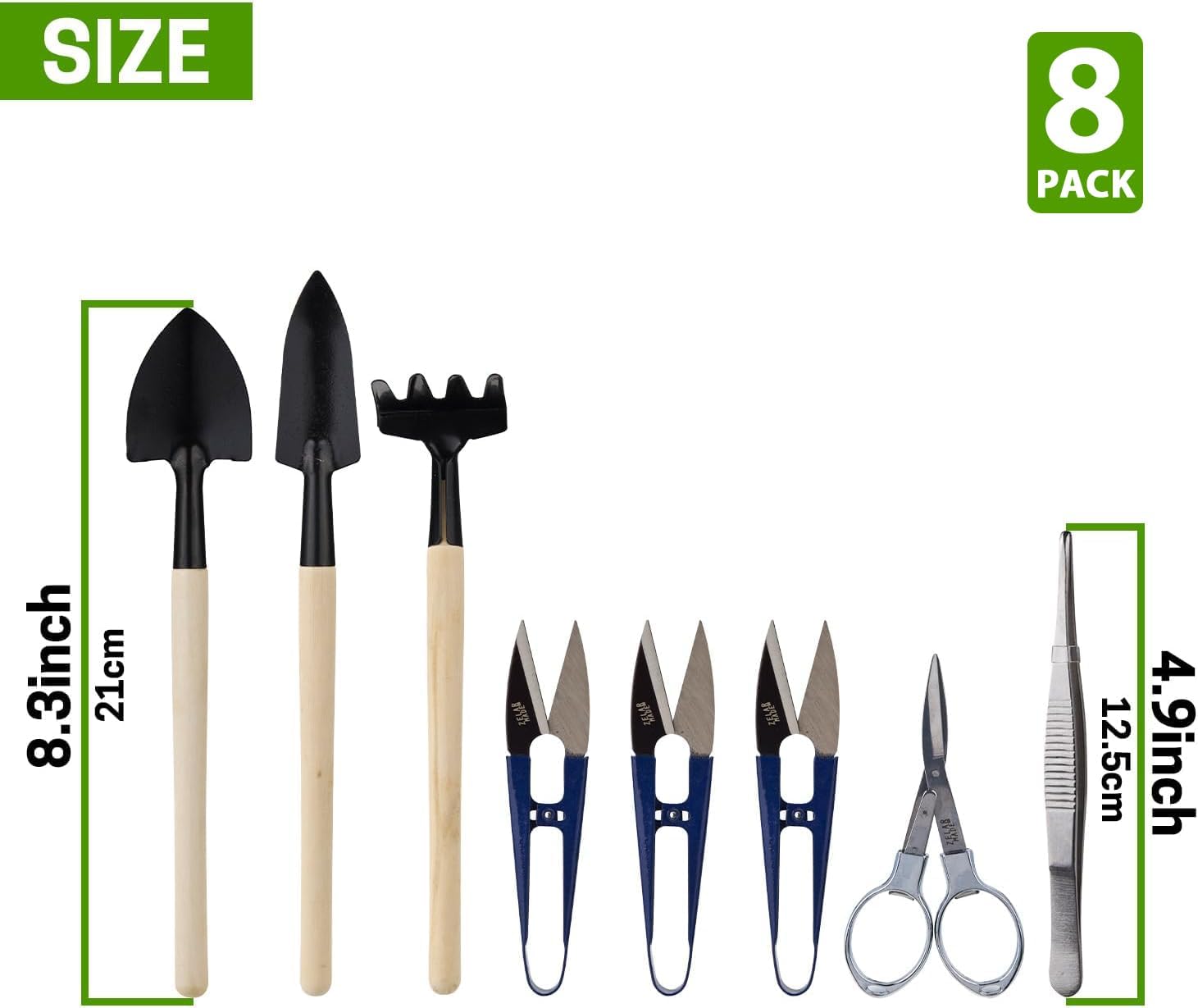 Bonsai Set 8 Pcs, Bonsai Tools Kit, Garden Tools Set | Include Pruner, Fold Scissors, Mini Rake, Bud & Leaf Trimmer Set
