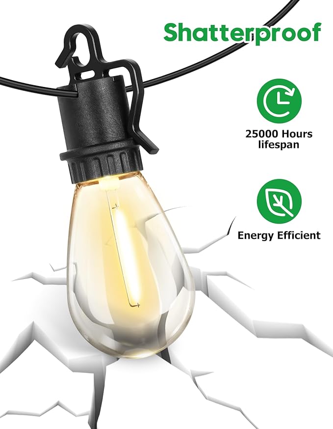 50FT Outdoor String Lights with 25 Shatterproof S14 Vintage Edison Bulbs E12 Sockets,2700K Dimmable Outdoor Lights,IP55 Waterproof LED String Lights for Outside, Patio, Garden, Backyard,Bistro