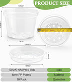10 Pack 10 Inch Clear Nursery Pots with Saucers, Transparent Sturdy Plastic Plant Pots, Large Gardening Pots with Drainage Hole, Planting Starter Pot for Indoor Outdoor Flowers Herbs Vegetables