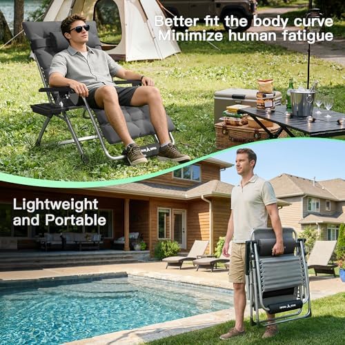 Oversized Zero Gravity Chair Folding Patio Reclining Padded Lounge Chairs | w/Removable Cushion & Headrest & Upgraded Lock & Footrest & Cup Holder Foldable Recliner for Indoor Outdoor,500LBS Capacity