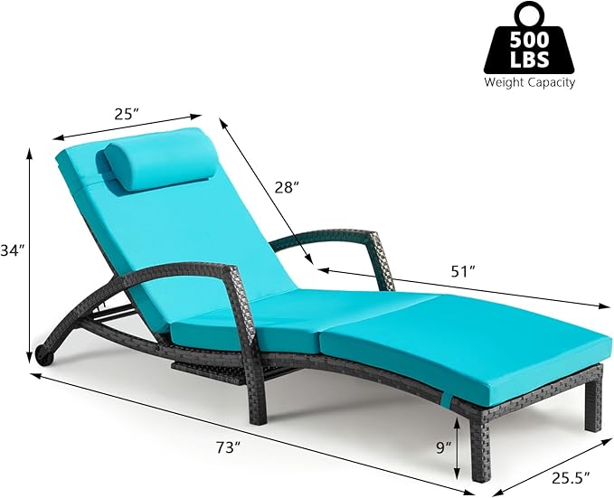 Chaise Lounge Chairs Outdoor Set of 4, Comfy Outside Wicker Patio Pool Lounge Chair w/ 5 Adjustable Back Angle, Cup Holder, Thicken Cushion