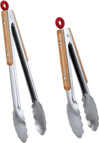 Stainless Steel Kitchen Tongs Set of 2-9" and 12",Locking Metal Food Tongs with Acacia Wood Grips,Barbecue Tongs for Pans and BBQ