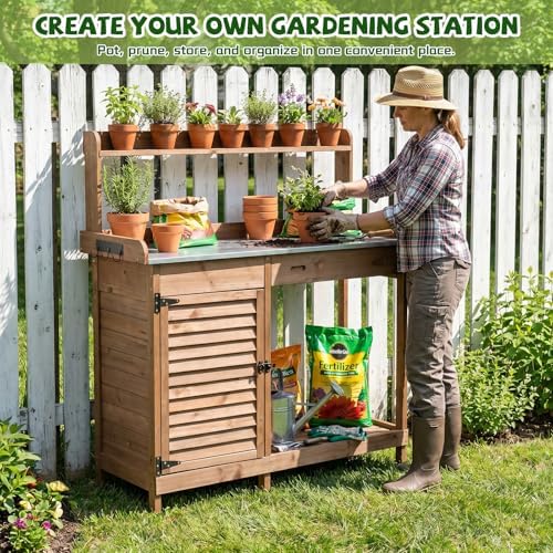 ketive outdoor potting bench with storage, 41-inch metal shown in use