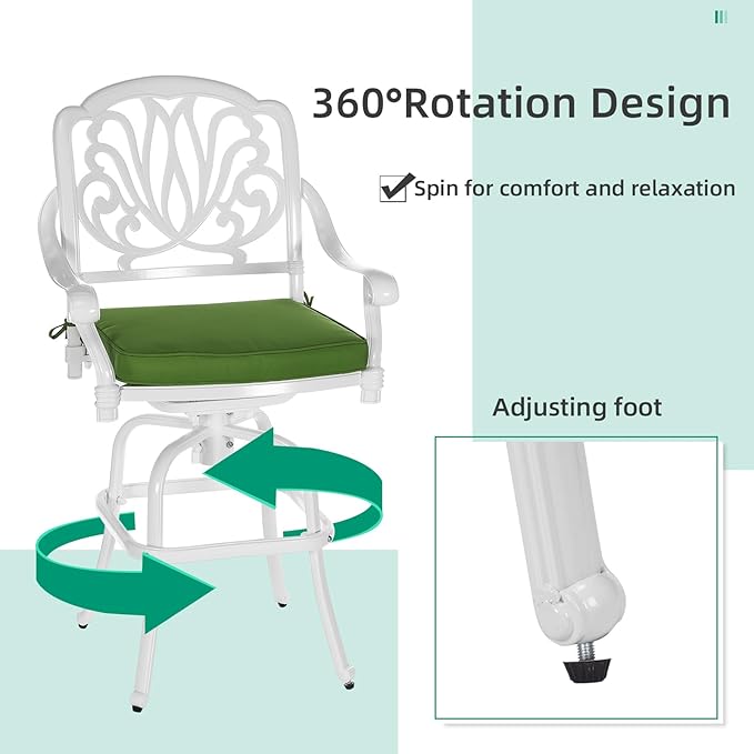 VIVIJASON 3-Piece Patio Swivel Bar Stools Set, All Weather Cast Aluminum Outdoor Bar Height Bistro Set with 2 Cushioned Bar Chairs & 35.4" High Bar Table w/Umbrella Hole for Backyard, Lawn, White
