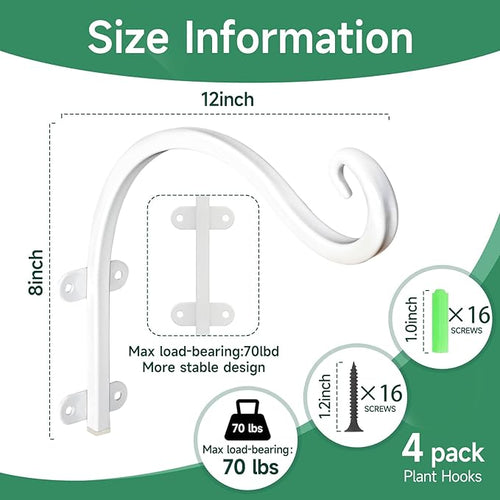 4 Pack 12Inch Plant Hanger, Sturdy Hanging Plant Bracket Hooks Outdoor, Bird Feeder Hanger for Bird Feeders, Planters, Lanterns, Wind Chimes Indoor Outdoor (White)