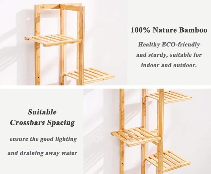 Bamboo 5 Tier 6 Potted Plant Stand Rack Multiple Flower Pot Holder Shelf Indoor Outdoor Planter Display Shelving Unit for Patio Garden Corner Balcony Living Room