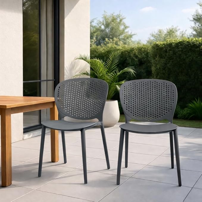 2xhome Patio Dining Chair | Modern Stackable Outdoor Pool Side Chair | Weather Resistant Plastic for Yard, Porch, Balcony, Kitchen, Gray, Single, Set of 1