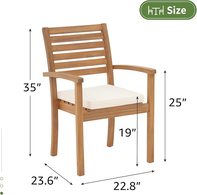 OC Orange-Casual Stackable Patio Dining Chairs Set of 2, Outdoor Acacia Wooden Chairs w/Armrest & Removeable Fabric Cushion, for Porch, Backyard, Garden, Indoor, Beige