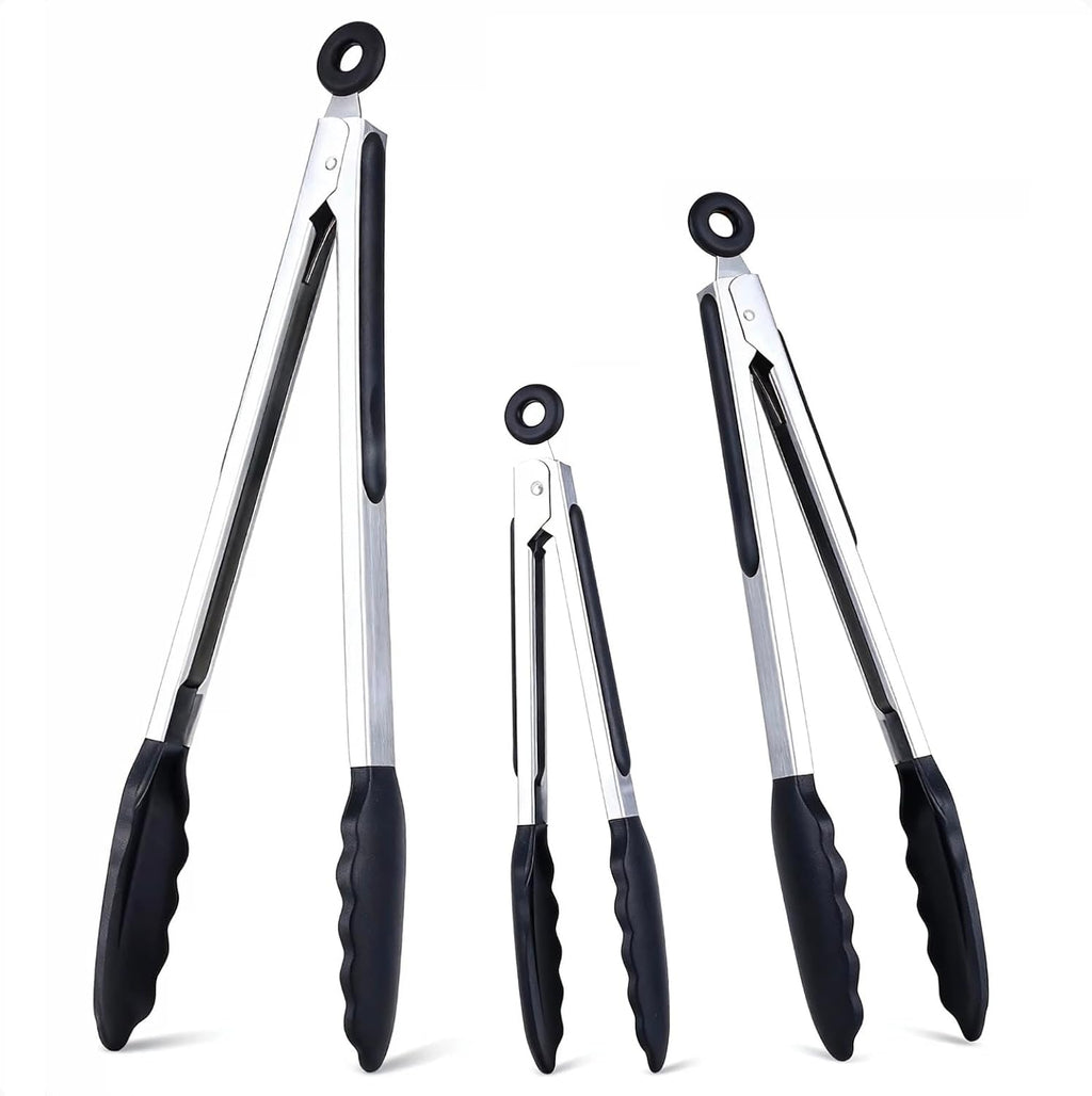 7/9/12 Inch Kitchen Tongs Set of 3, Cooking Tongs with Silicone Tips | For Cooking/Serving/Grilling | Heat-Resistant | Food-Grade Material | Dishwasher Safe | Black