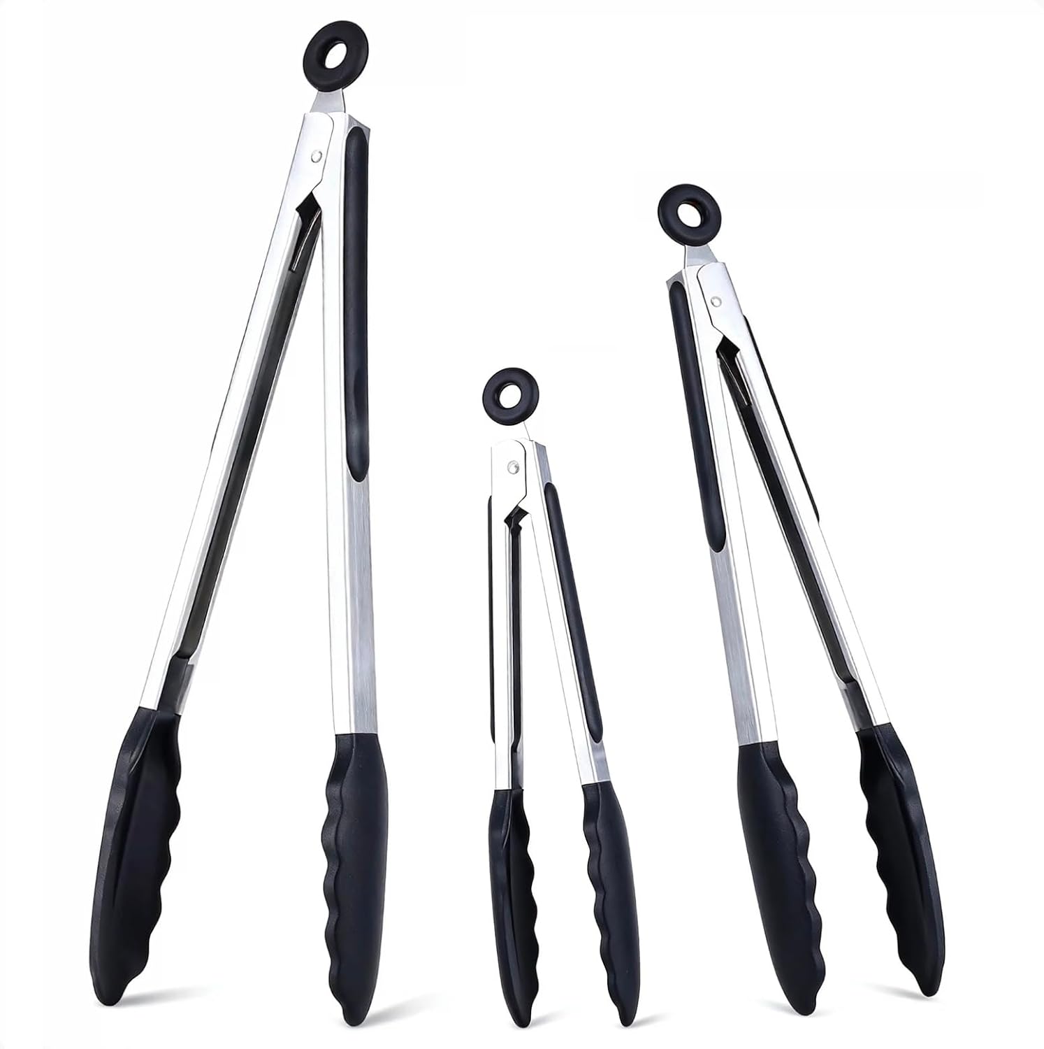 7/9/12 Inch Kitchen Tongs Set of 3, Cooking Tongs with Silicone Tips | For Cooking/Serving/Grilling | Heat-Resistant | Food-Grade Material | Dishwasher Safe | Black