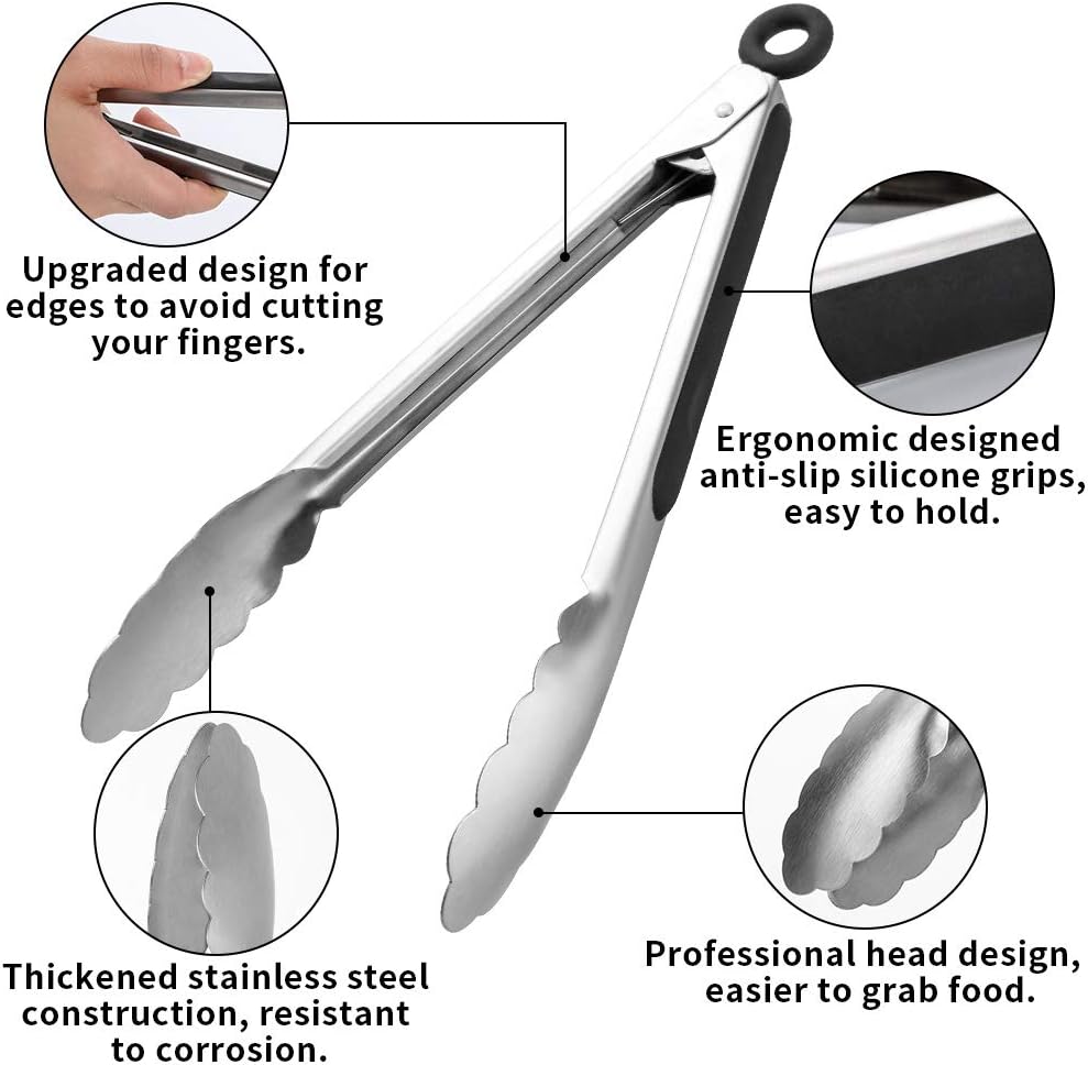 YuanKanJu Kitchen Tongs for Cooking Grilling, Aisoso 9-inch and 14-inch Set of 2 Heavy Duty Grill Tongs, 430 Premium Stainless Steel with Heat Resistant Silicone Grips and Sturdy Lock Ring