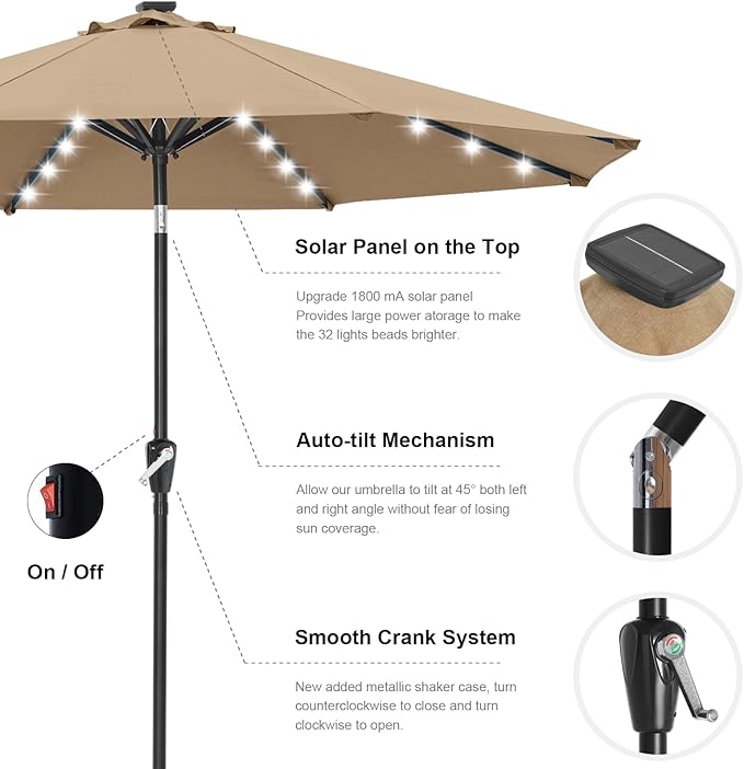 ABCCANOPY Durable Solar Led Patio Umbrellas with 32LED Lights 11FT (Khaki)