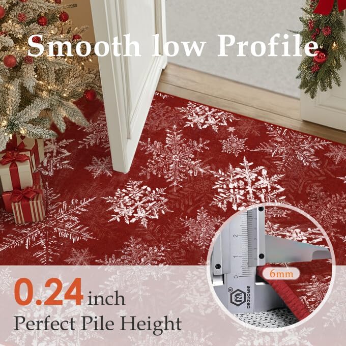 Xmas Snowflake Runner Rug 3x8 Red Washable Non Slip for Hallway | Soft,Low Pile,Snowflake Holiday Decor,for Kitchen,Hallway,Entryway,Laundry Room,Narrow Spaces