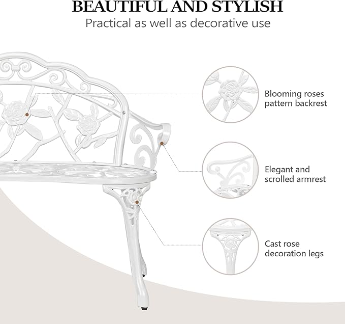 VINGLI 38.5" Patio Park Garden Outdoor Metal Rose Bench, 2-Person Cast Iron Cast Aluminium Frame Antique Finish Chair,Accented Lawn Front Porch Path Yard Decor Deck Furniture (White, Rose)