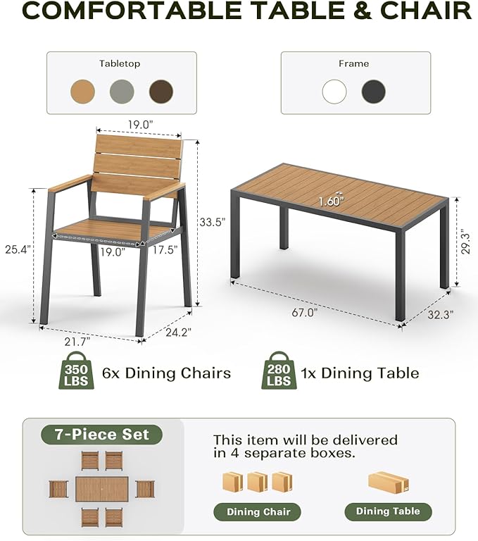 7-Piece Outdoor Dining Set, Aluminum Dining Table Set for 6, Patio Table and Chairs Set with Umbrella Hole, All Weather HDPS Outdoor Table and Chairs for 6 (Gray-Teak)