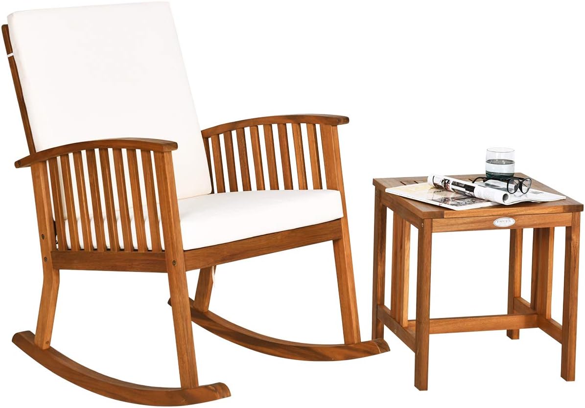 Tangkula Acacia Wood Patio Bistro Set, Outdoor Rocking Chair with Table, Porch Rocker with Thick Cushion of Detachable Cover, Porch Rocking Chair Table Set for Outdoor Indoor Patio Backyard, Teak
