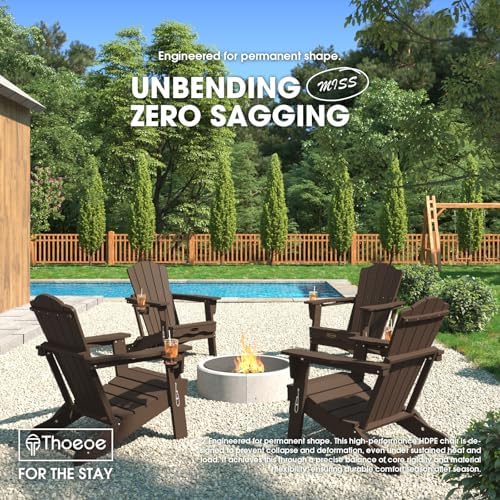 THOEOE Folding Adirondack Chair Set of 2, HDPE Plastic Patio Chairs | All-Weather Outdoor Chairs, Oversized Fire Pit Chairs, with Cup Holder, Wood Grain, for Deck, Backyard, Garden, Lawn, Brown