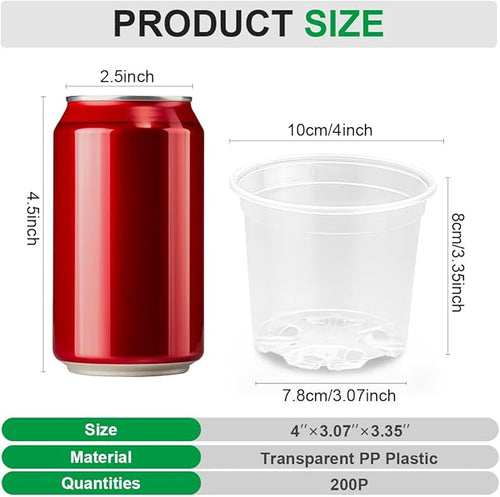 200 Pack 4 Inch Clear Plant pots with Drainage Holes, Transparent Nursery Seeding Pots, Flexile Seeds Starter Pots, Seeds Germination (4Inch,200P,Clear)