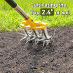 rotary cultivator garden tool with extra-large tines, 74-inch, front angle view