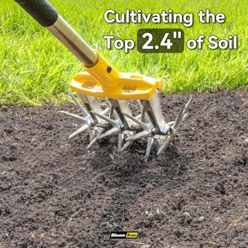 rotary cultivator garden tool with extra-large tines, 74-inch, front angle view