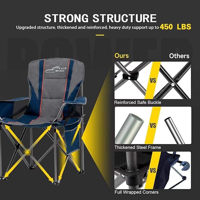FAIR WIND Heavy Duty Camping Chair, Oversized Padded Folding Chair for Big and Tall (450lbs), Extra Wide Seat with Integrated Cooler & Storage Pocket, Adjustable Lumbar Support for Outdoor