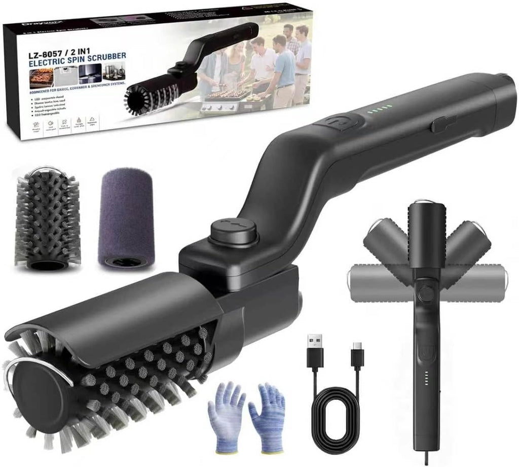 Electric Grill Brush, Spin 2-in-1 Electric Barbecue Brush Grill -Black | 2026 Brush with Bristle & Scouring Roller Heads, USB Rechargeable Grill Electric Brush for Grates, Pots, Sink & Stovetop