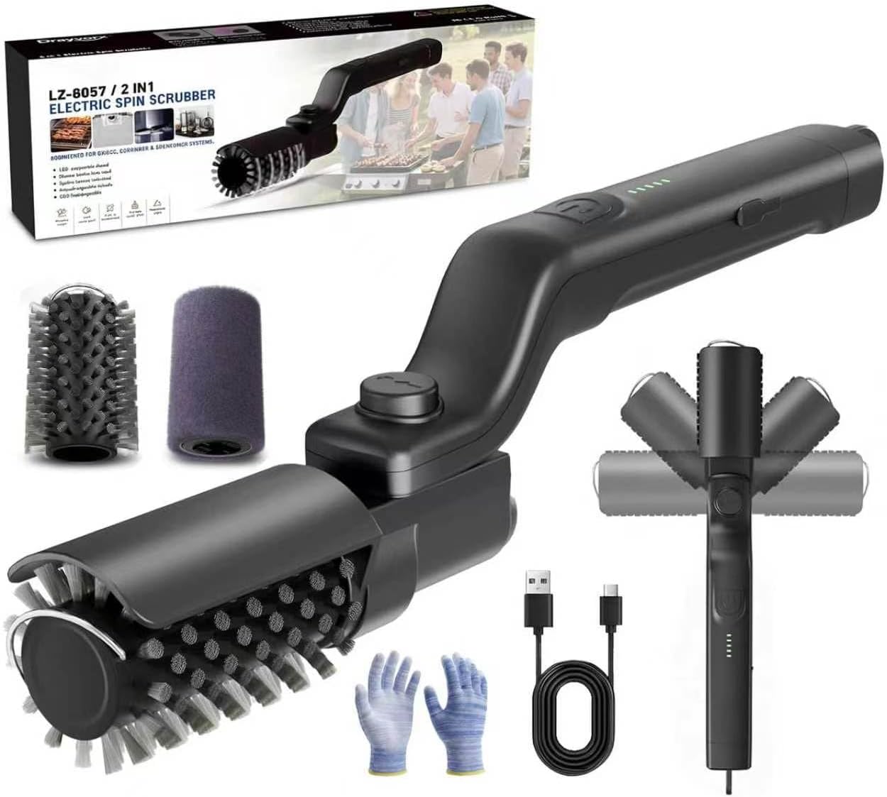 Electric Grill Brush, Spin 2-in-1 Electric Barbecue Brush Grill -Black | 2026 Brush with Bristle & Scouring Roller Heads, USB Rechargeable Grill Electric Brush for Grates, Pots, Sink & Stovetop