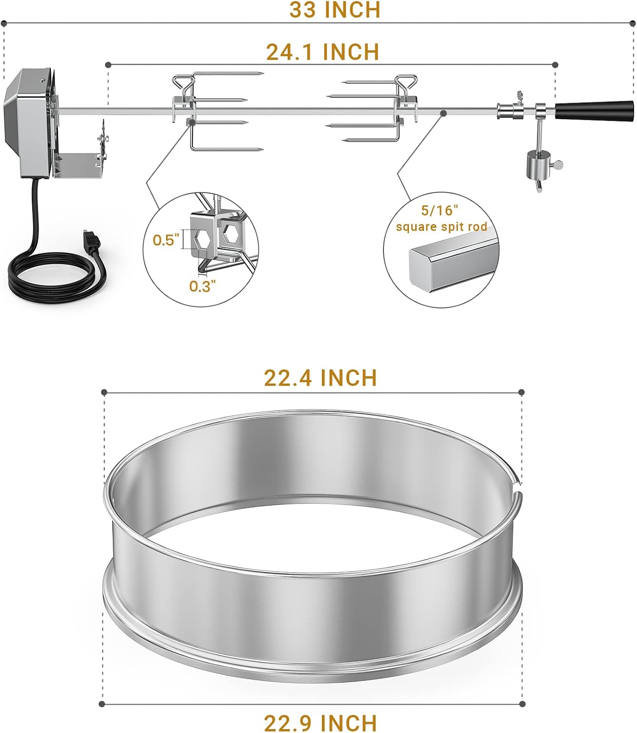 onlyfire Stainless Steel Rotisserie Ring Kit for Weber 22" Kettle Grills | Turns Your Kettle Into A Chicken Roaster
