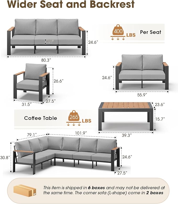 Aluminum Outdoor Patio Furniture 3 Seats, All-Weather Outdoor Patio Sofa with Washable Thick Cushion, Morden Patio Couch for Porch, Balcony, Deck, Yard, Gray