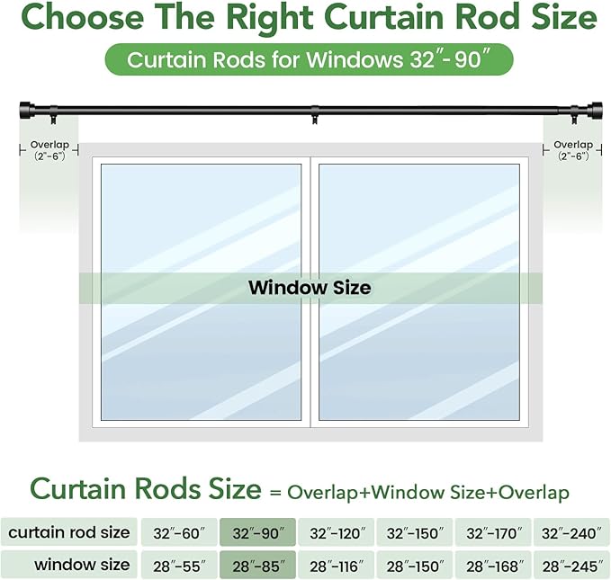 Time Forest Black Curtain Rods for Windows 48 to 84 Inch (4-7 Feet), 1 Inch Diameter Adjustable Heavy Duty Curtain Rod, Modern Style Indoor Outdoor Window Drapery Rods with End Caps, Size 32"- 90"