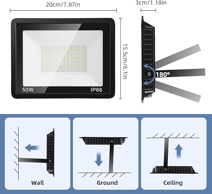 50W Flood Lights Outdoor,7000LM Bright LED Work Light,IP66 Waterproof Outside Lights for Yard with Switch and 6.5FT Plug,6500K Daylight White Outdoor Yard Light for Garage,Garden,Stadium(2 Pack)