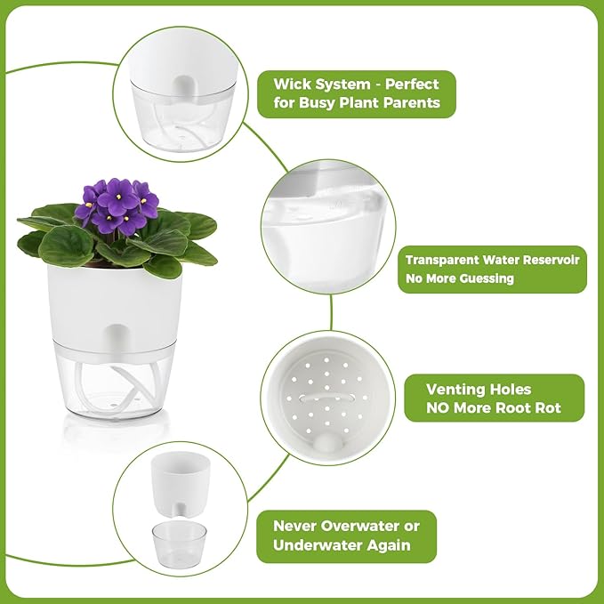 Planterhoma 8 Pack Self Watering Pots for Indoor Plants, 6 Inch Plant Pot Plastic Self Watering Planter for Orchid, African Violet, Small Clear Flower Pots with Drainage Holes and Wicking Rope, White