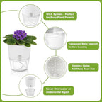 Planterhoma 8 Pack Self Watering Pots for Indoor Plants, 6 Inch Plant Pot Plastic Self Watering Planter for Orchid, African Violet, Small Clear Flower Pots with Drainage Holes and Wicking Rope, White