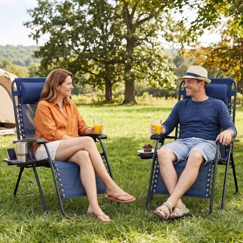 Zero Gravity Chairs Set of 2, Outdoor Folding Lounge Chairs | Reclining Patio Lawn Chairs with Mesh Back, Adjustable Pillows and Cup Holder Trays, for Pool, Beach, Backyard