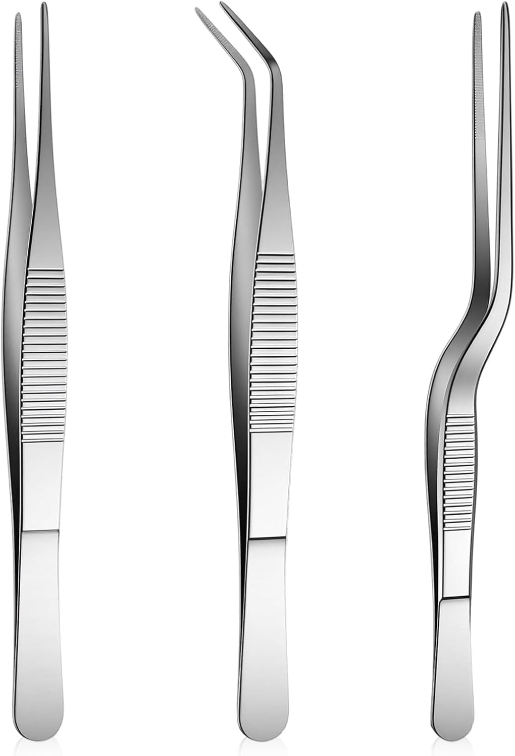 3 Pcs Stainless Steel Tweezers Set, Precision Food Tweezers for Cooking Baking Cake Decoration, Multi-Purpose Kitchen Gardening Jewelry Repair DIY Craft Tools - Silver