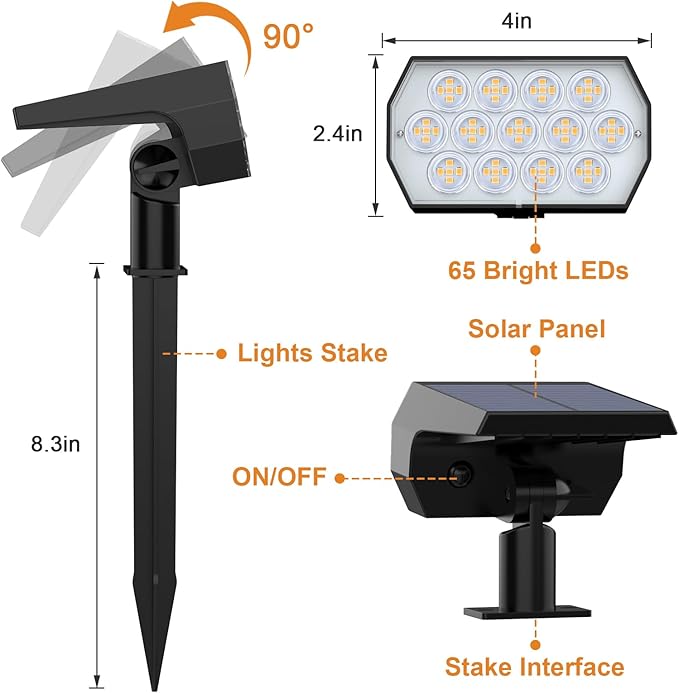WELALO Solar Spot Lights Outdoor, [2 Pack/65 LED/3 Modes] Solar Landscape Spotlights, Solar Powered Security Lights, IP68 Waterproof Wall Lights for Outsides Walkway Yard Garden Driveway(Warm White)
