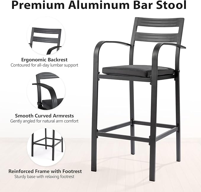 VINGLI 3-Piece Outdoor Bar Set, Aluminum Bar Height Table & 2 Chairs with Cushions, Outdoor Bistro Set for Patio, Backyard, Poolside, Garden(Gray)