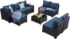 Jing's Villa 9-Piece Patio Furniture Set, All-Weather Outdoor Wicker Sectional Sofa with Cushions, Tempered Glass Table & Ottoman, Rattan Conversation Seating for Porch, Garden, Backyard,Navy