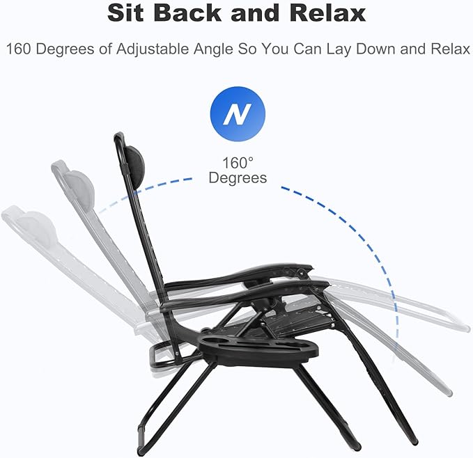 Nazhura Set of 2 Relaxing Recliners Patio Chairs Adjustable Steel Mesh Zero Gravity Lounge Chair Beach Chairs with Pillow and Cup Holder Black