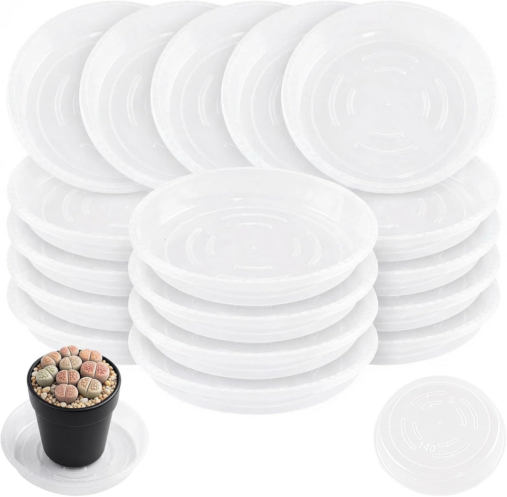 20 Pack Clear Plant Saucer 4.5 Inches Plastic Drip Trays to Catch Water | Round plastic flower pot saucers for indoors and outdoors catch drainage water to protect floors, shelves, decks and patios.