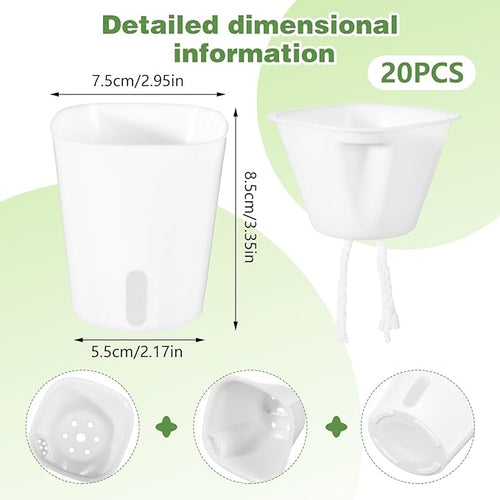 20 Pcs 3 Inch Self Watering Pots for Indoor Plants, White Plastic Self Watering Planters with Wicking Rope Visual Water Level & Vent Holes for Succulents, Flowers Indoor Outdoor