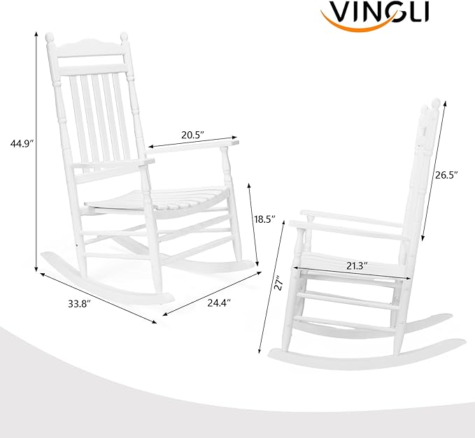 VINGLI Wooden Rocking Chair, Outdoor Chair with 450 lbs Support, Relaxing Rocker with Solid Wood High Back Seat Reclining Seat for Deck, Garden, Backyard, Porch, Indoor or Outdoor Use (White, 2PCS)