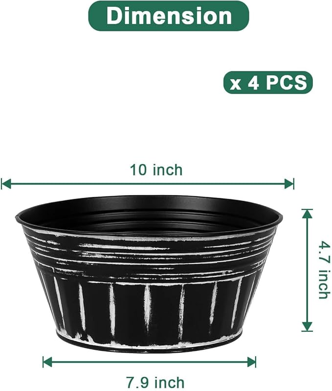vensovo 10 Inches Black Metal Rustic Plant Pots - 4 Pcs Large Shallow Galvanized Planters with Drain Hole and Rubber Plug, Rustproof Tin Bucket Succulent Pot Indoor Farmhouse Vintage Style for Decor