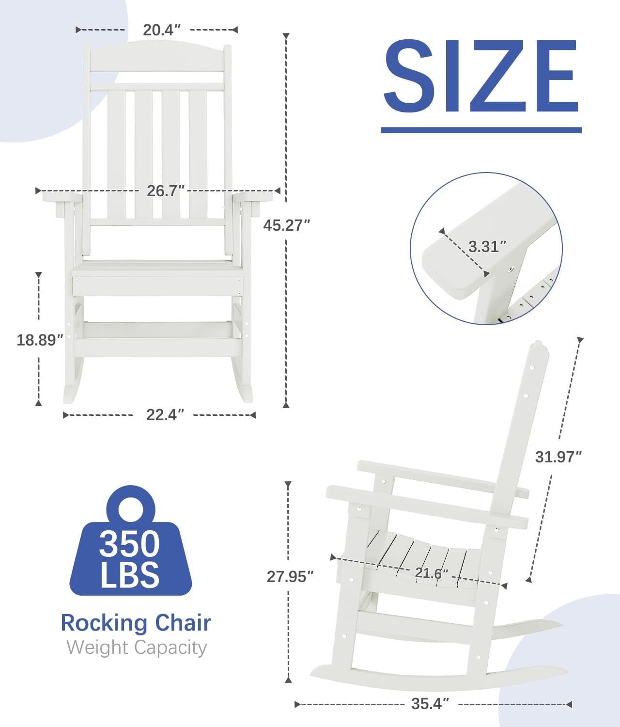 Outdoor Rocking Chair Set of 3, Oversized Rocking Chair Outdoor | HDPE All Weather Resistant High Back Patio Rocker for Porch, Patio, Garden,350 lbs Capacity, White