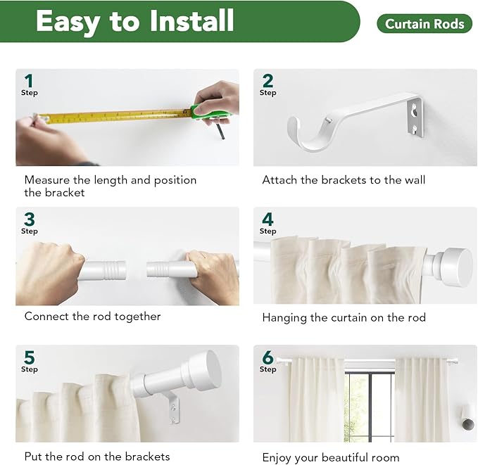 Curtain Rods for Windows 28 to 48, 1 Inch Adjustable White Heavy Duty Curtain Rod, Modern Style Indoor Outdoor Drapery Rods with End Caps, Size 32" - 60"