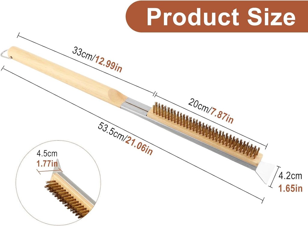 21'' Pizza Oven Brush with Stainless Steel Stone Scraper | Heat Resistant Brass Bristles, Pizza Stone Brush Compatible with Ooni, Gozney, & Similar Ovens, Includes Spare Head