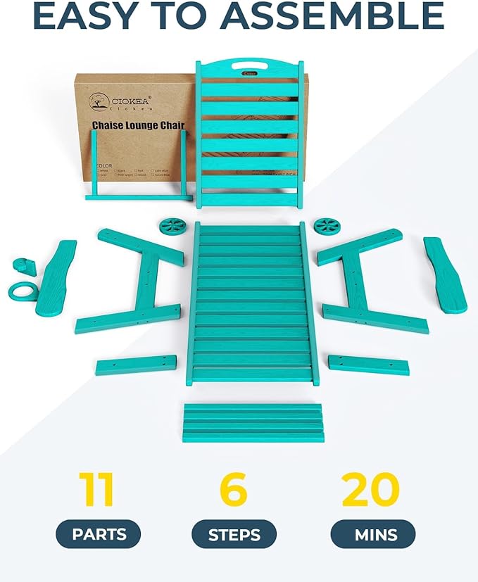 Outdoor Chaise Lounge Chair Set of 2, Patio Lounge Chairs for Outside, HDPE Lounge Chair with Wheels & Cup Holder, Poly Chair with 5 Position for Poolside, Deck, Lake Blue